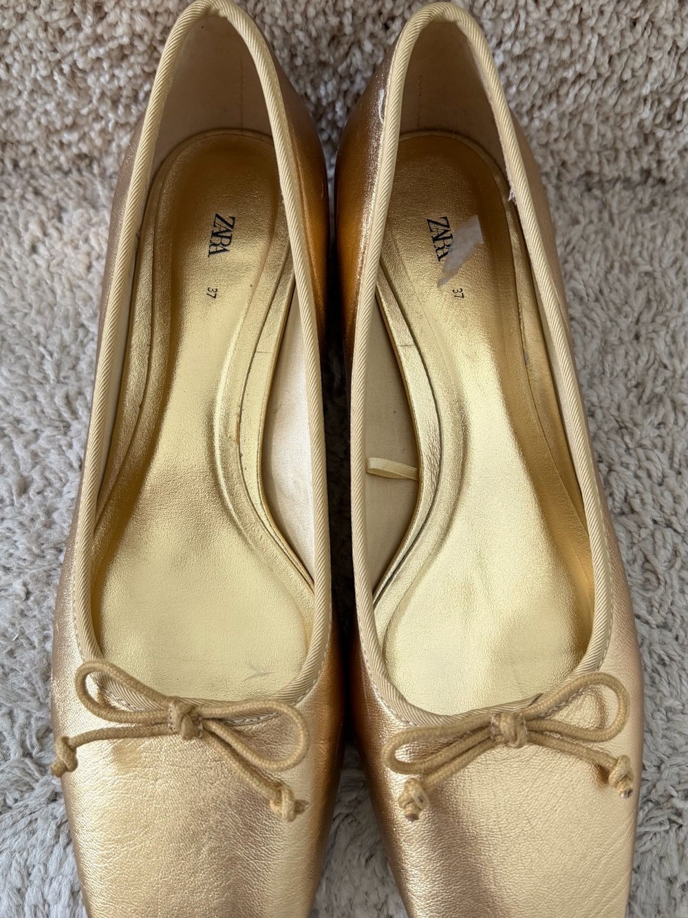 ZARA Metallic Gold Ballet Flats with Bow Accent